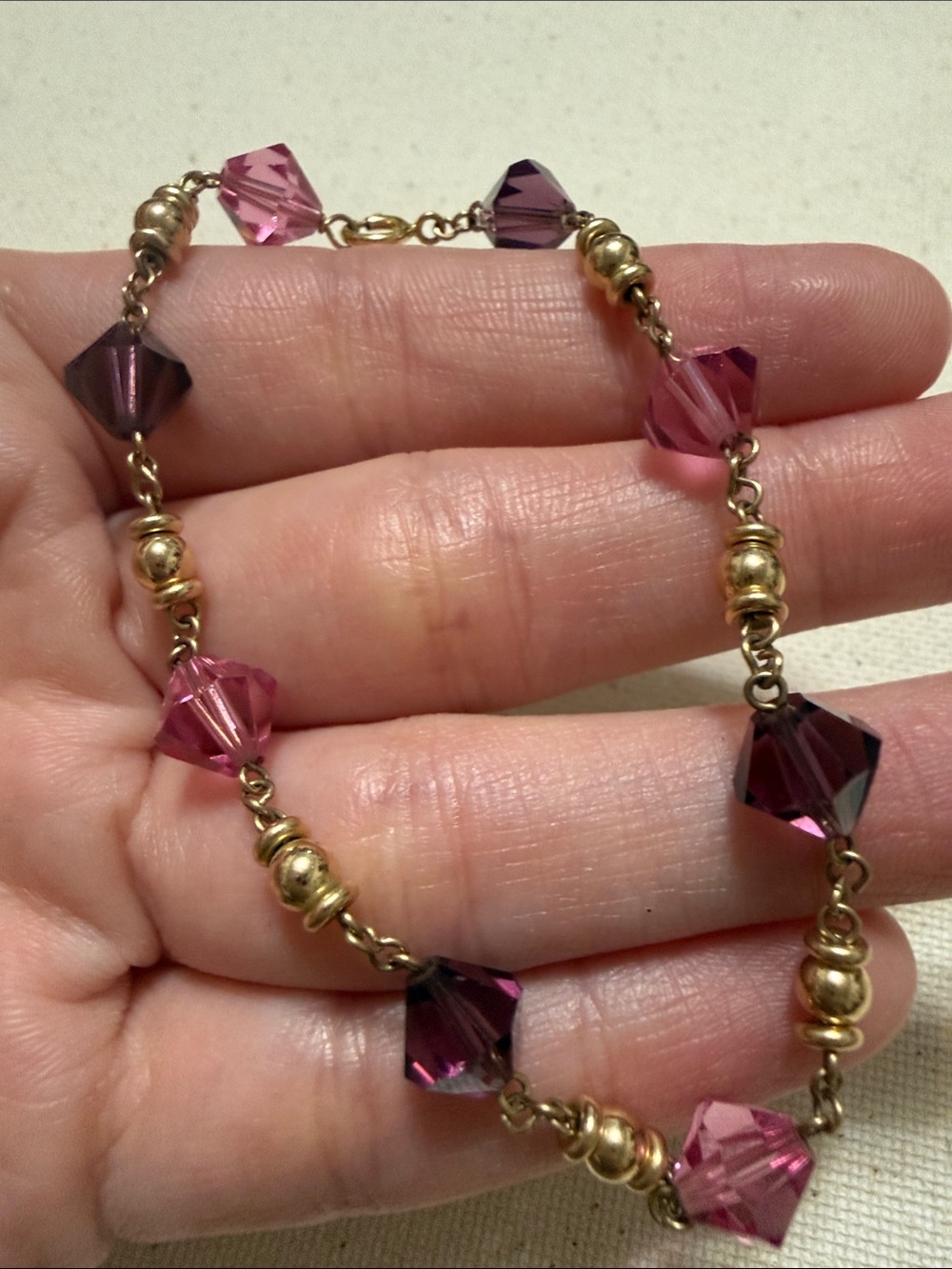 1/20 14K GF Bracelet with Pink and Deep Purple Crystal Beads 7’ inches